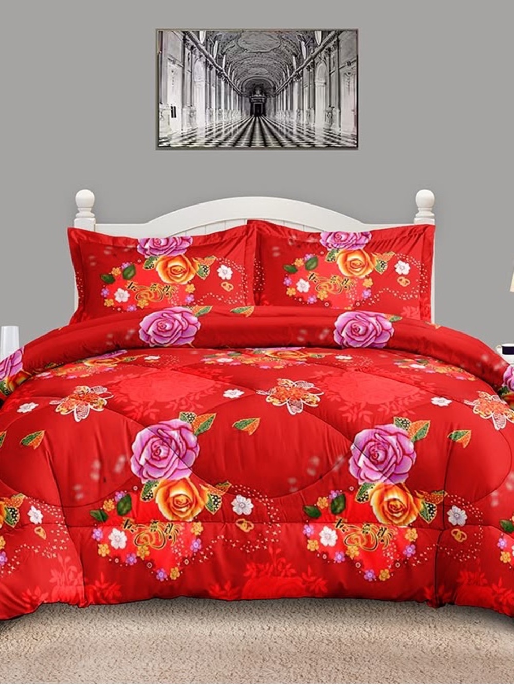 Floral Red Comforter Set with Rose Print - Unbranded